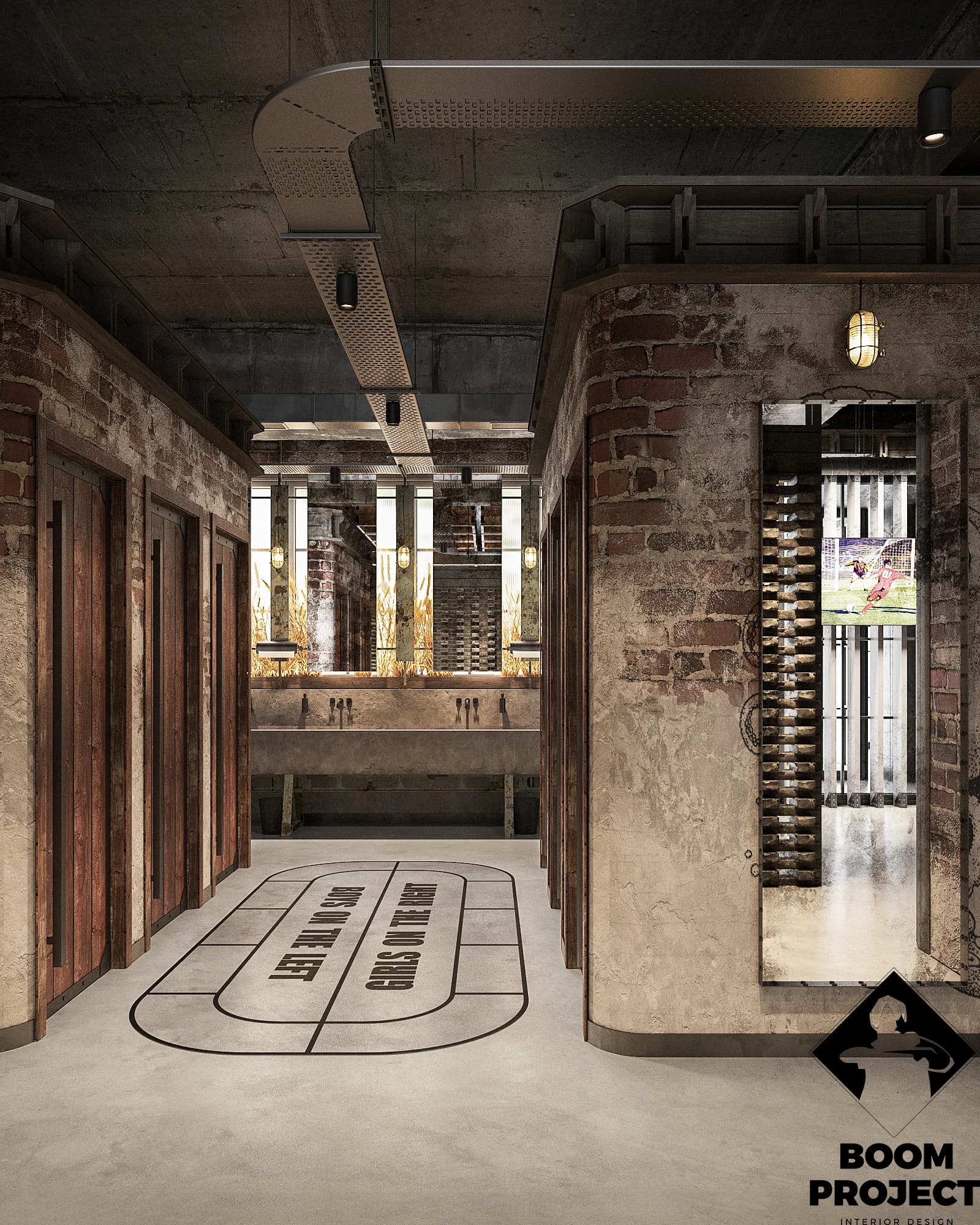 Beer Garden entrance corridor with raw concrete walls, metal screens and graphic floor details