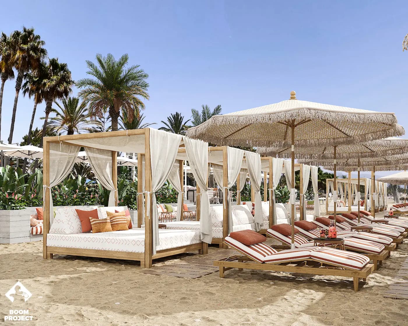 Balagan beachfront cabana with white timber structure and striped seating