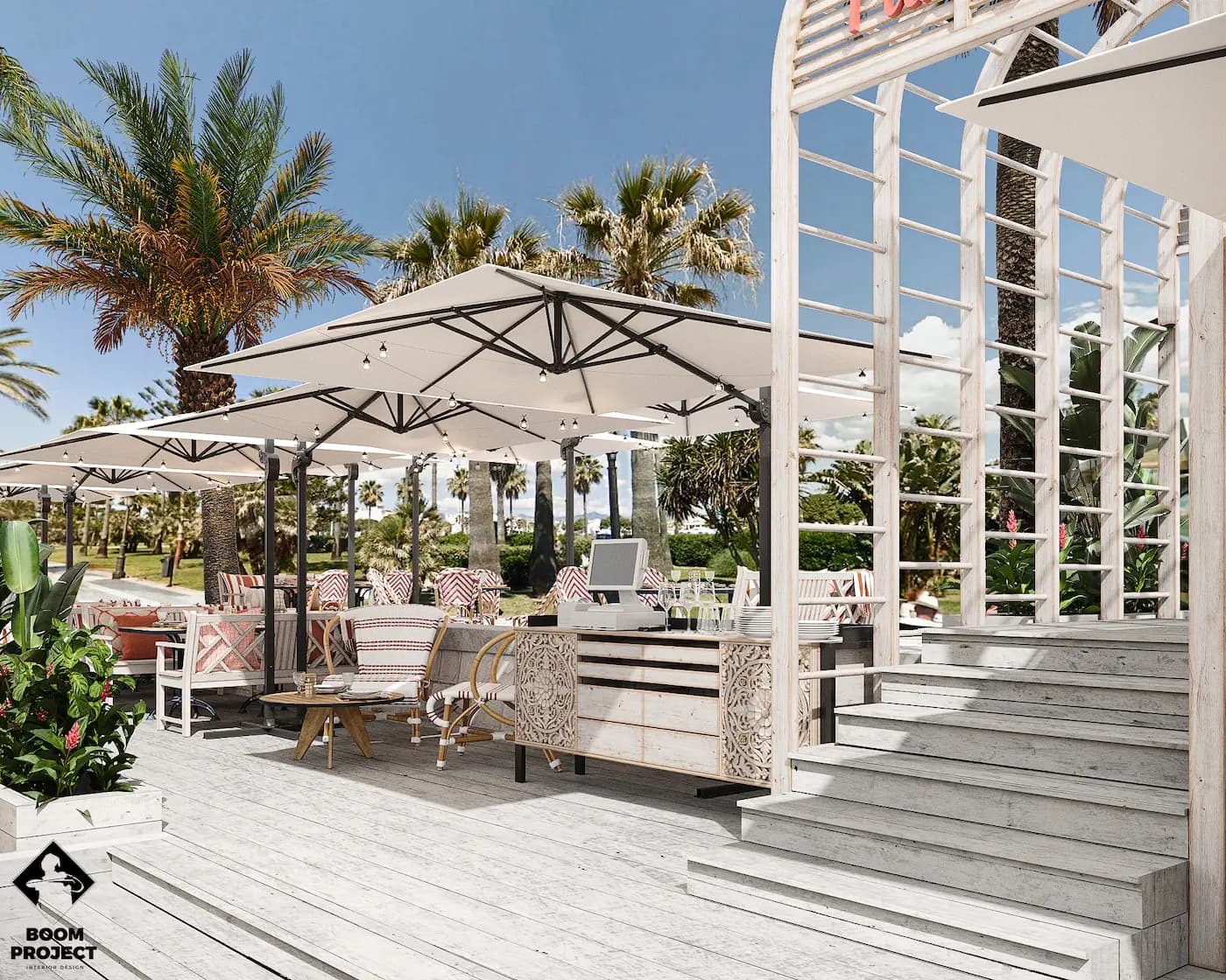 Balagan shaded beach lounge with white pergola and patterned daybeds