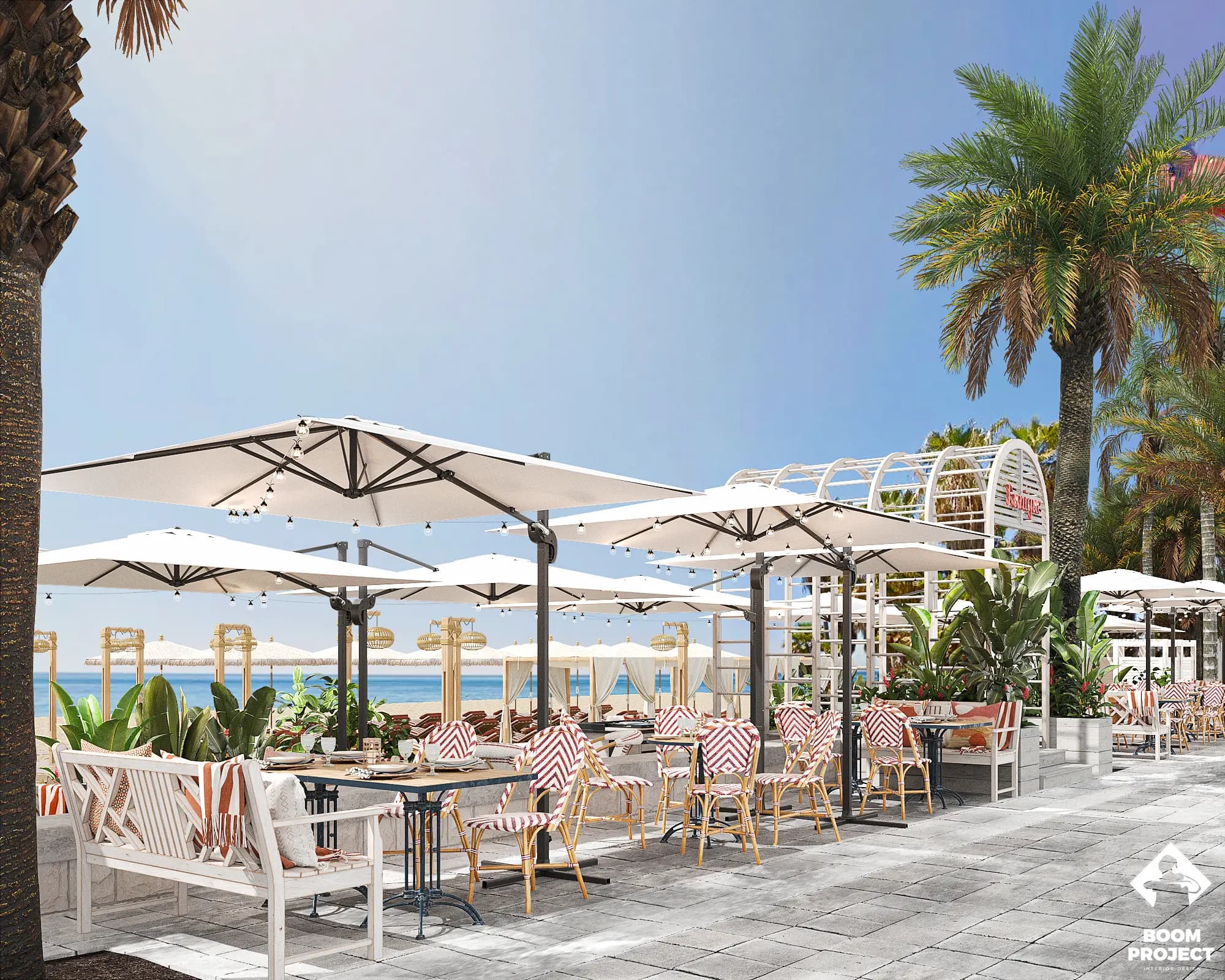Balagan open-air restaurant terrace beneath white parasols