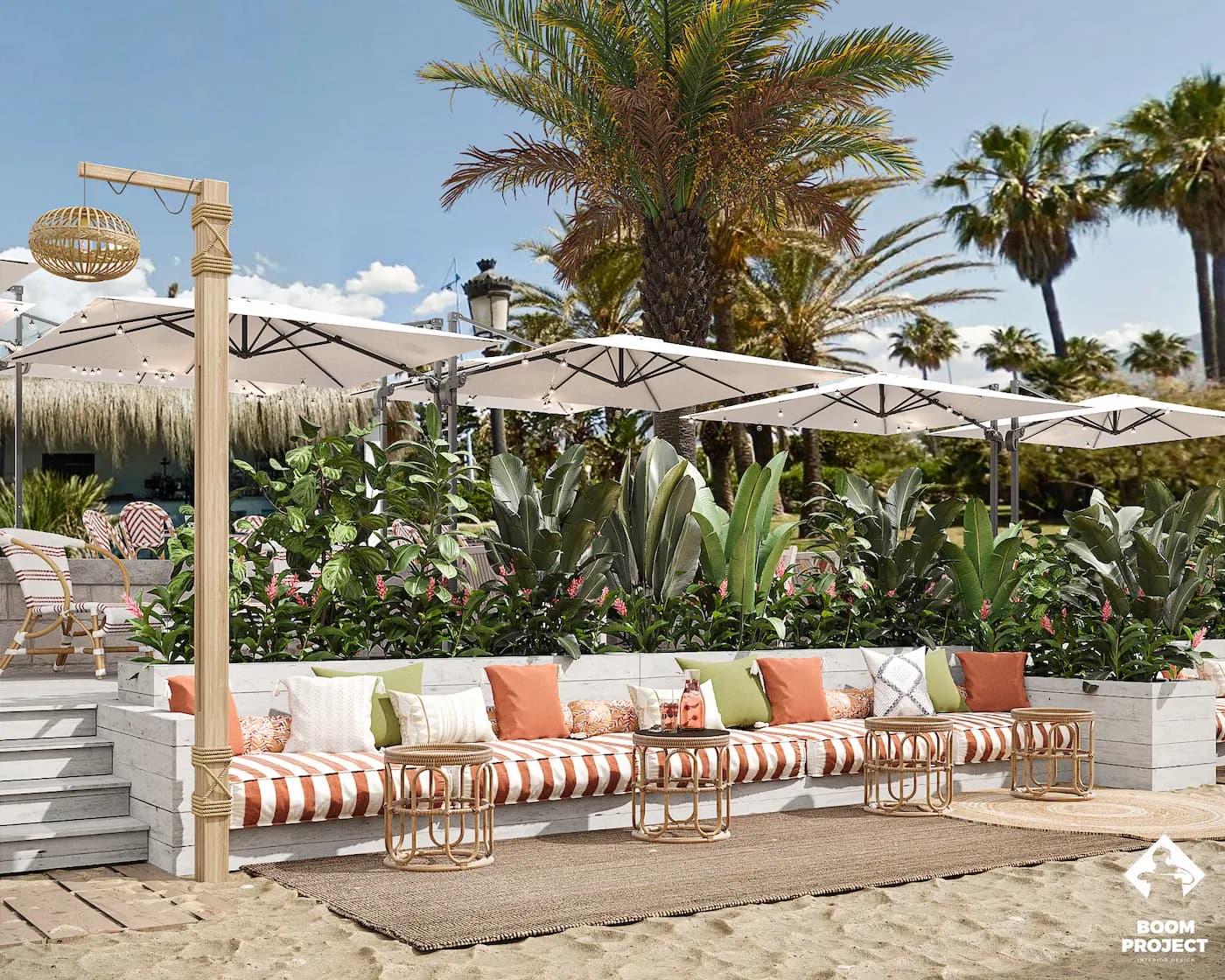 Balagan striped banquette surrounded by flowering coastal greenery