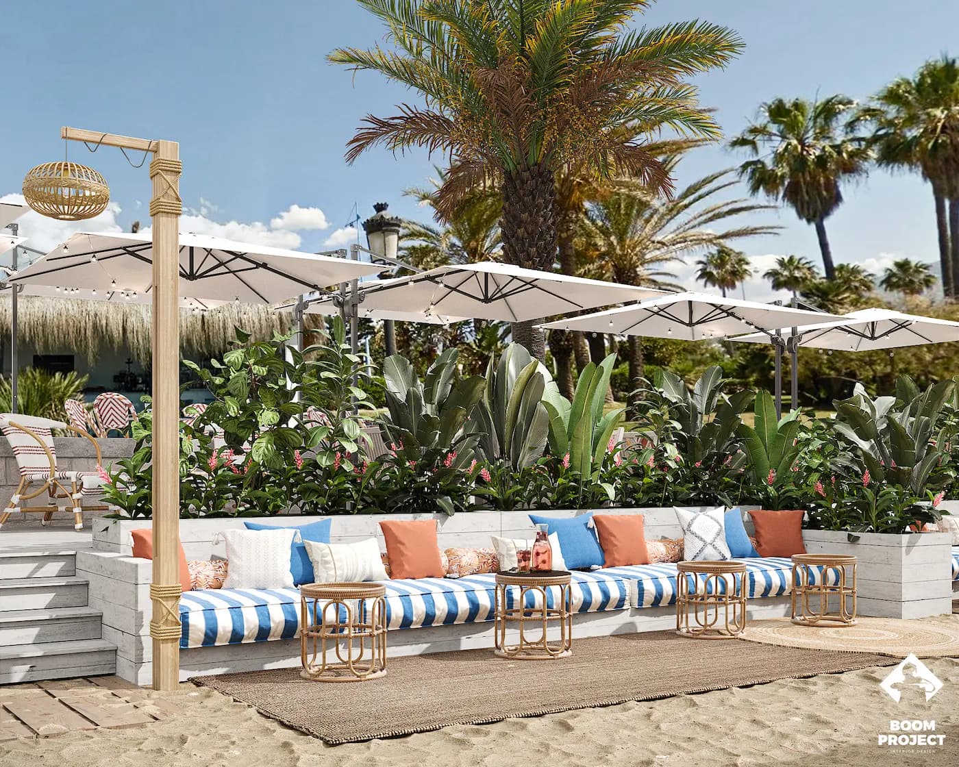 Balagan curved outdoor banquette with blue and coral striped cushions