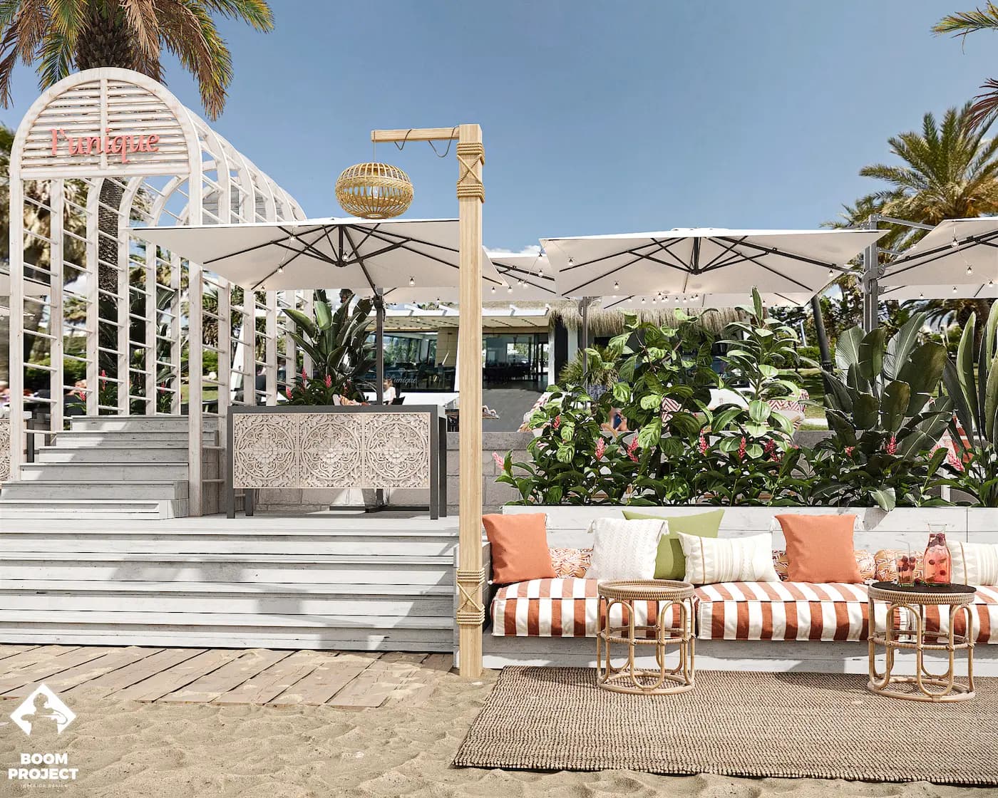 Balagan raised entrance terrace with white timber steps and pergola