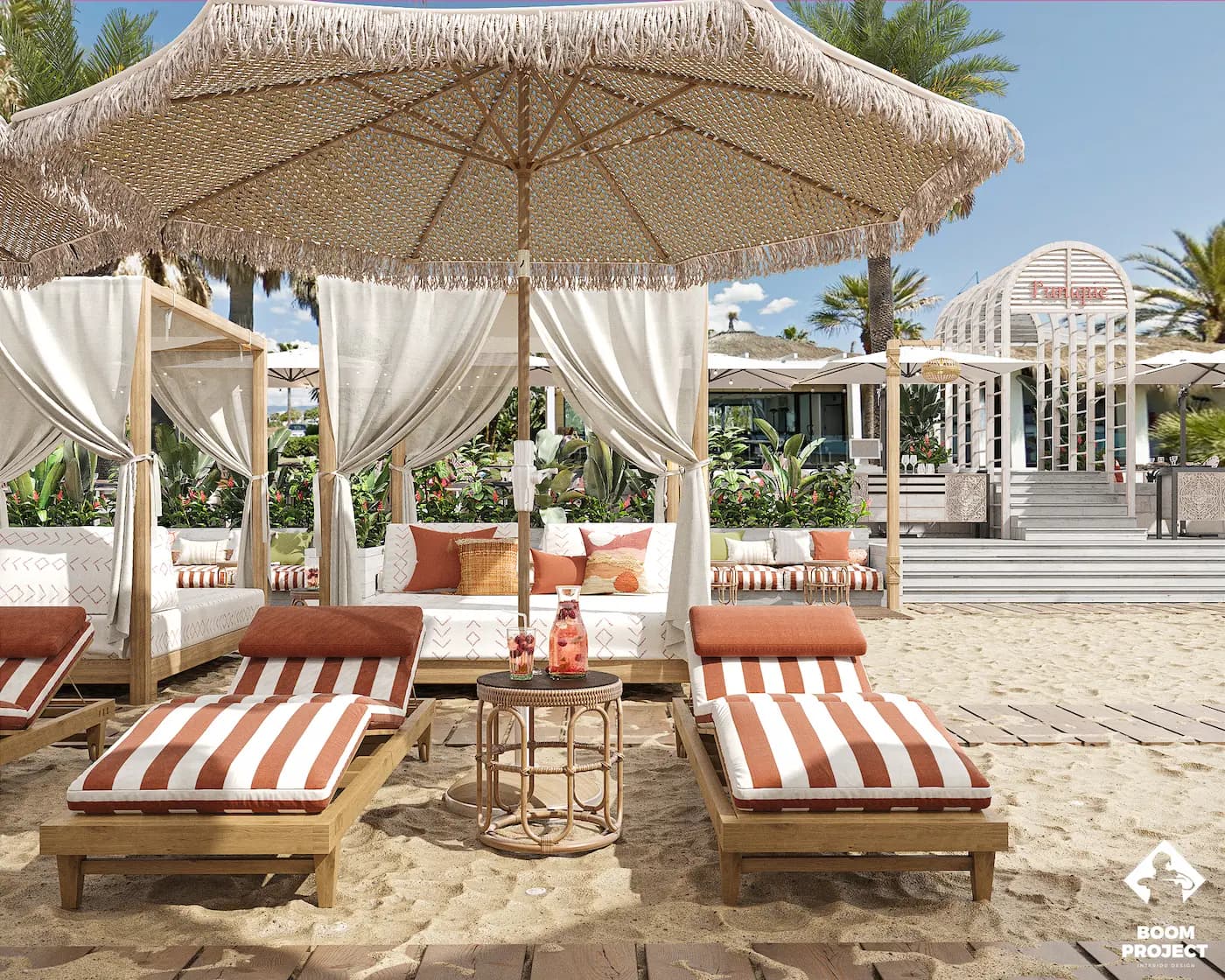 Balagan intimate beach cabana with coral striped daybeds