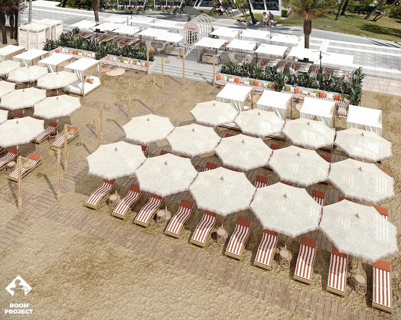 Aerial view of Balagan sun loungers and white parasols on the beach