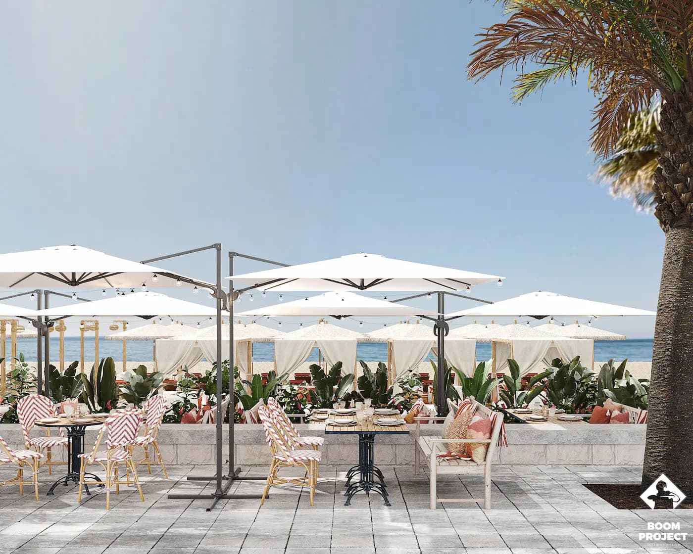 Balagan outdoor dining terrace overlooking the Mediterranean coast