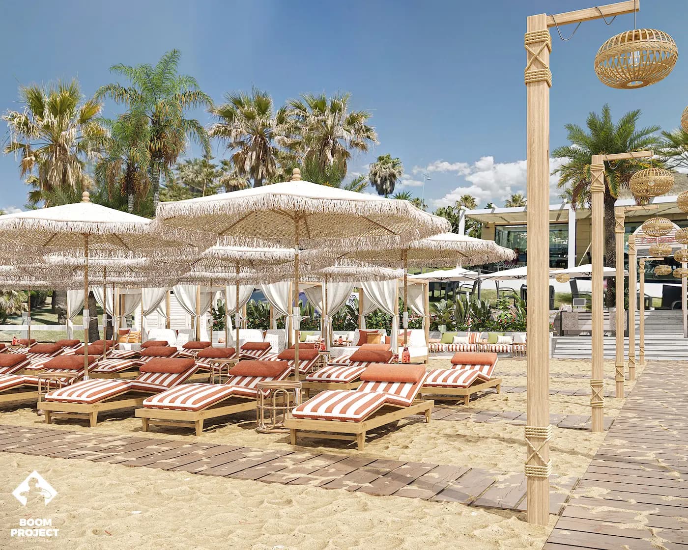 Balagan beach lounge with striped sunbeds beneath woven parasols
