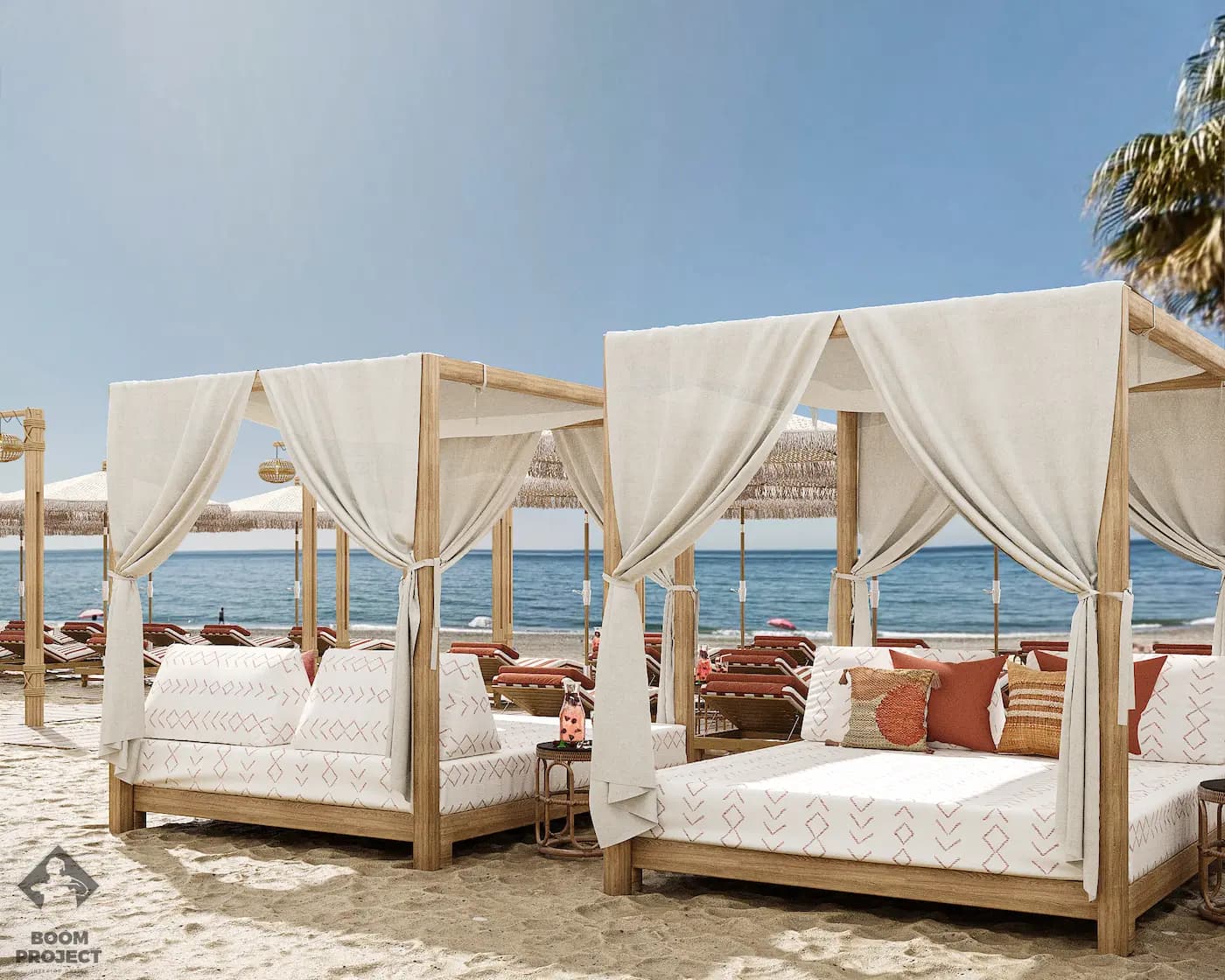 Balagan private daybed with white curtains and natural timber frame
