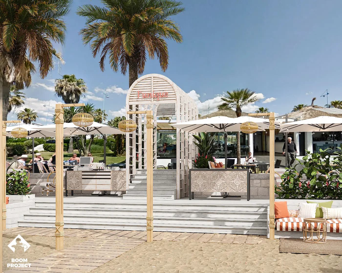 Balagan main entrance with striped awning and white timber pergola