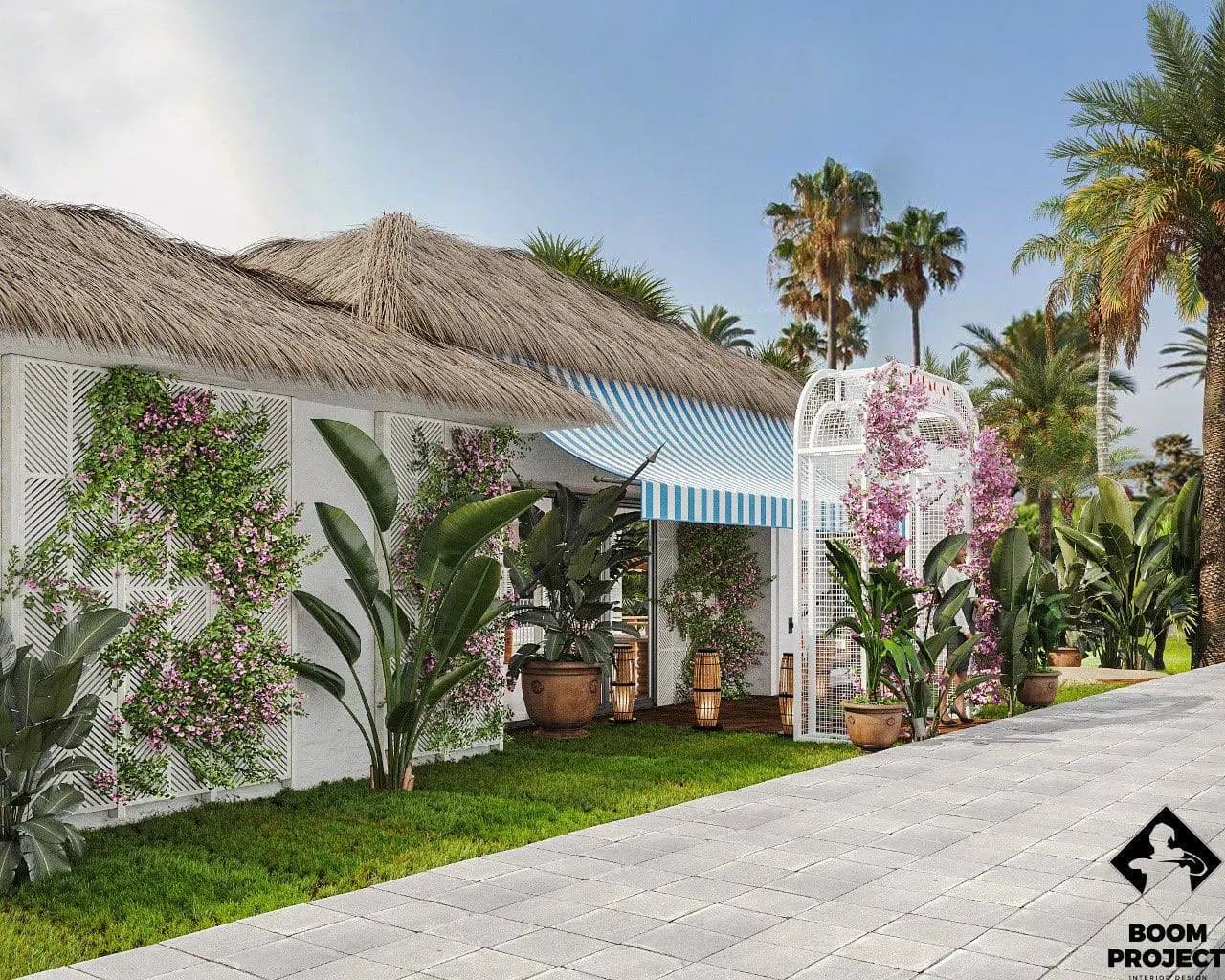 Balagan side pavilion surrounded by bougainvillea and tropical plants
