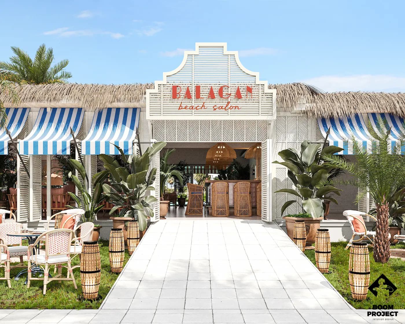 Balagan beach club entrance with blue striped awning and white walkway