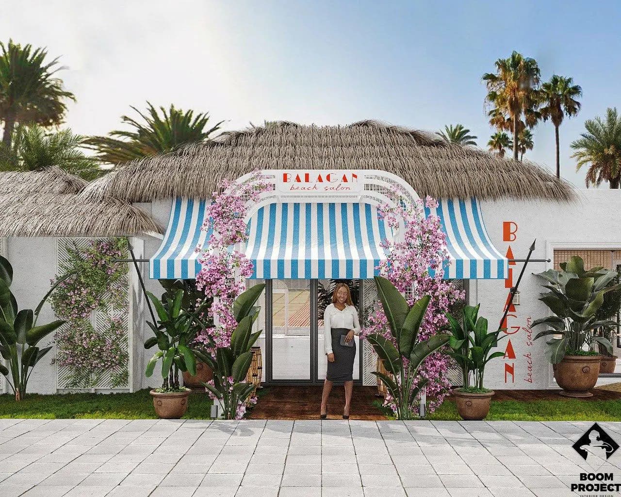 Balagan striped beachfront pavilion surrounded by lush planting