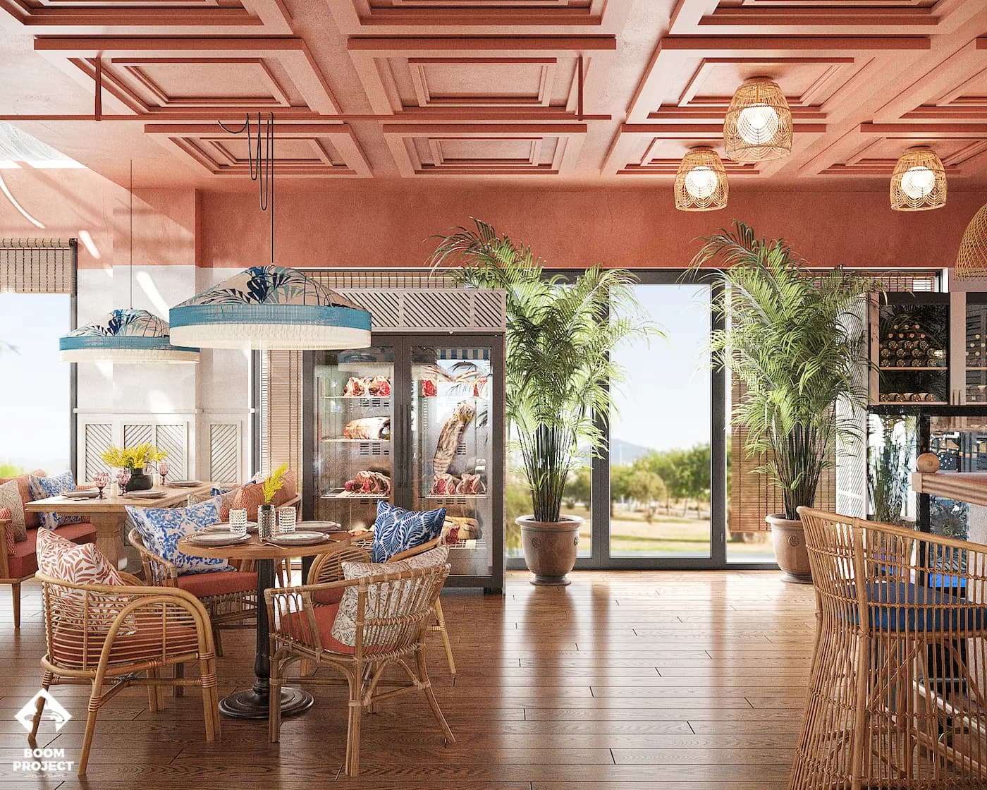 Balagan restaurant interior opening onto the landscaped terrace