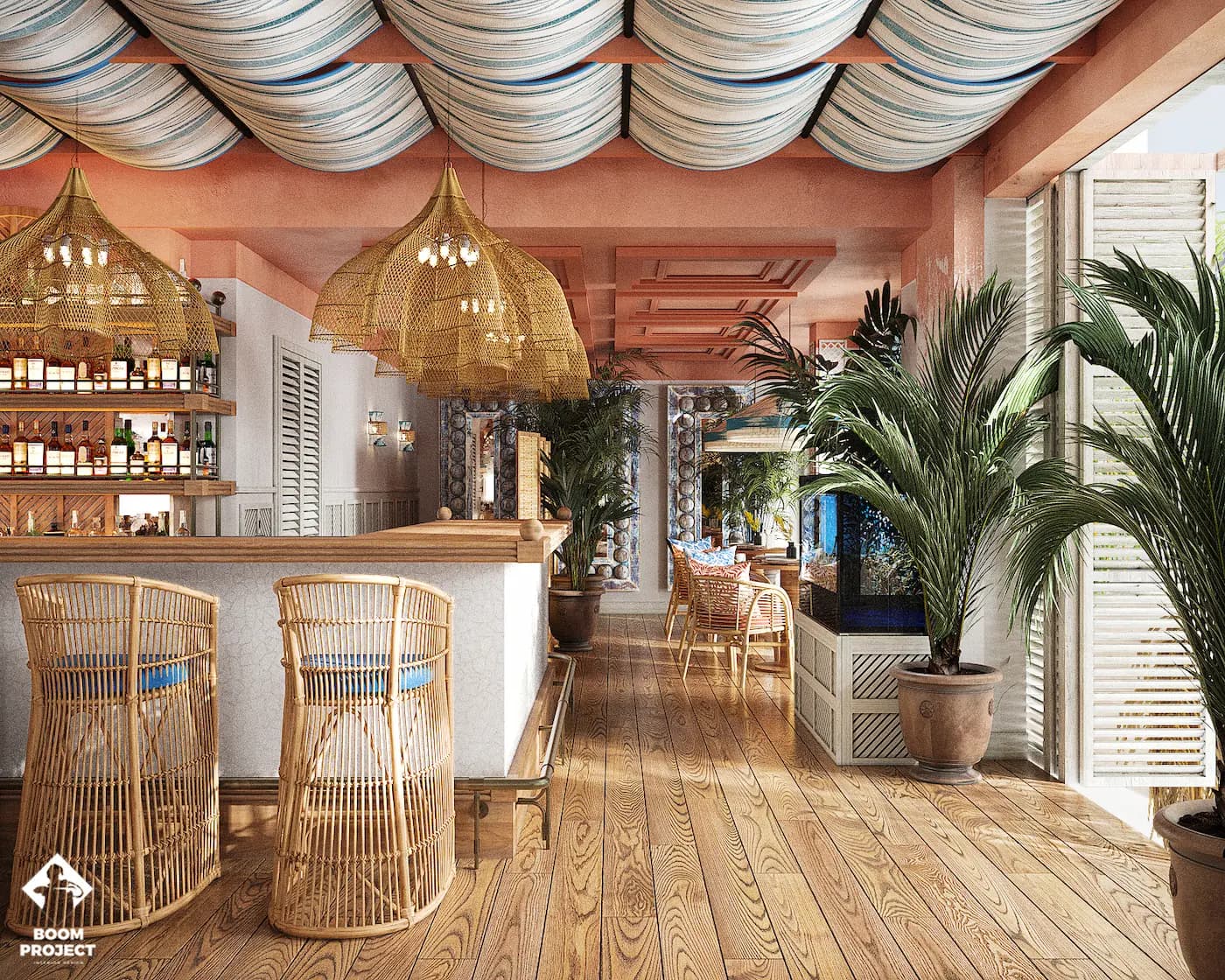 Balagan sculptural bar with carved timber panels and patterned tiles