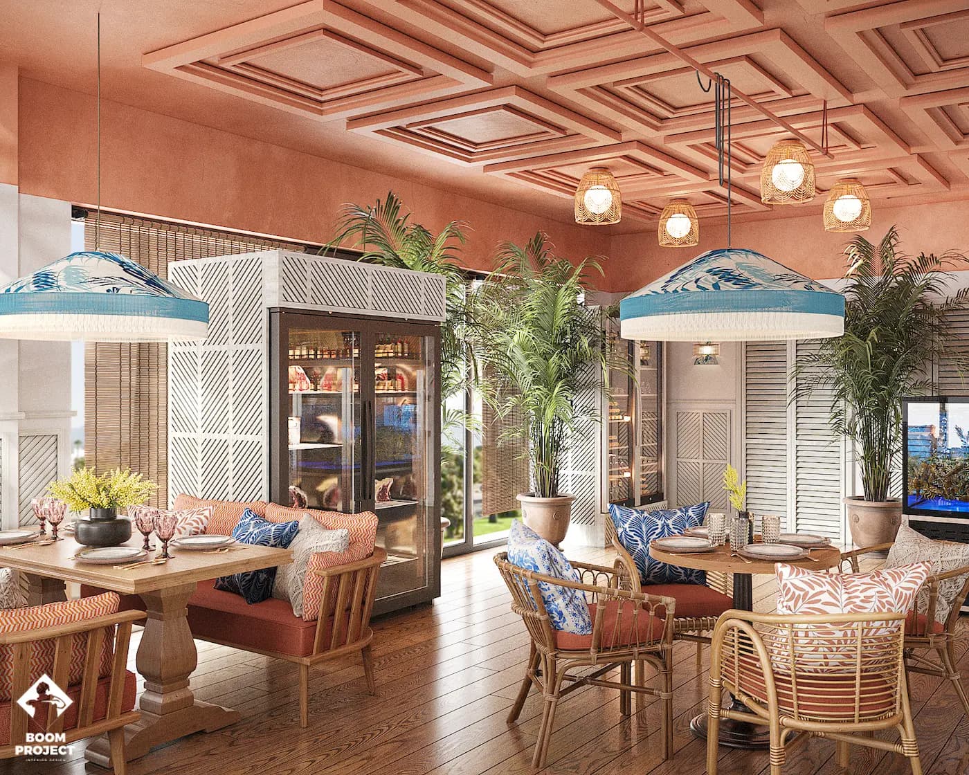 Balagan bar interior with decorative screens and coral ceiling