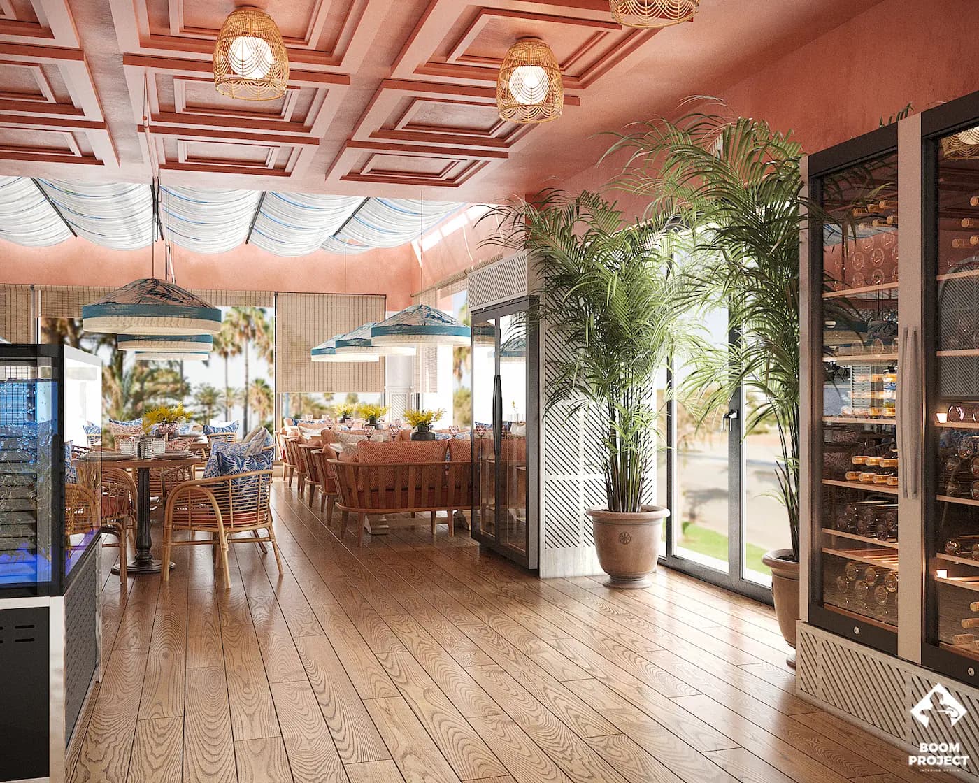 Balagan dining room with coral ceiling and tropical greenery