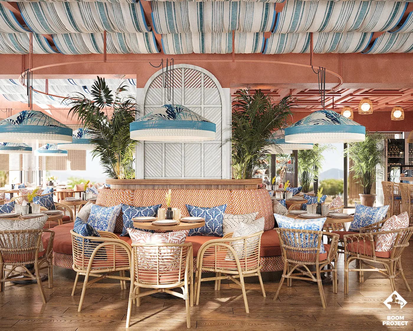 Balagan restaurant seating with patterned textiles and decorative artwork