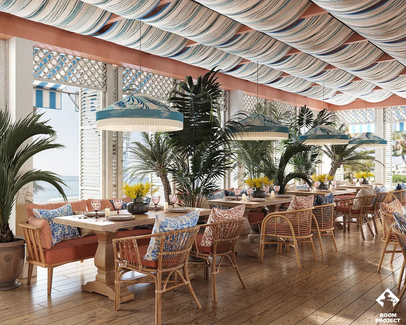 Balagan open-air dining area beneath layered patterned canopies