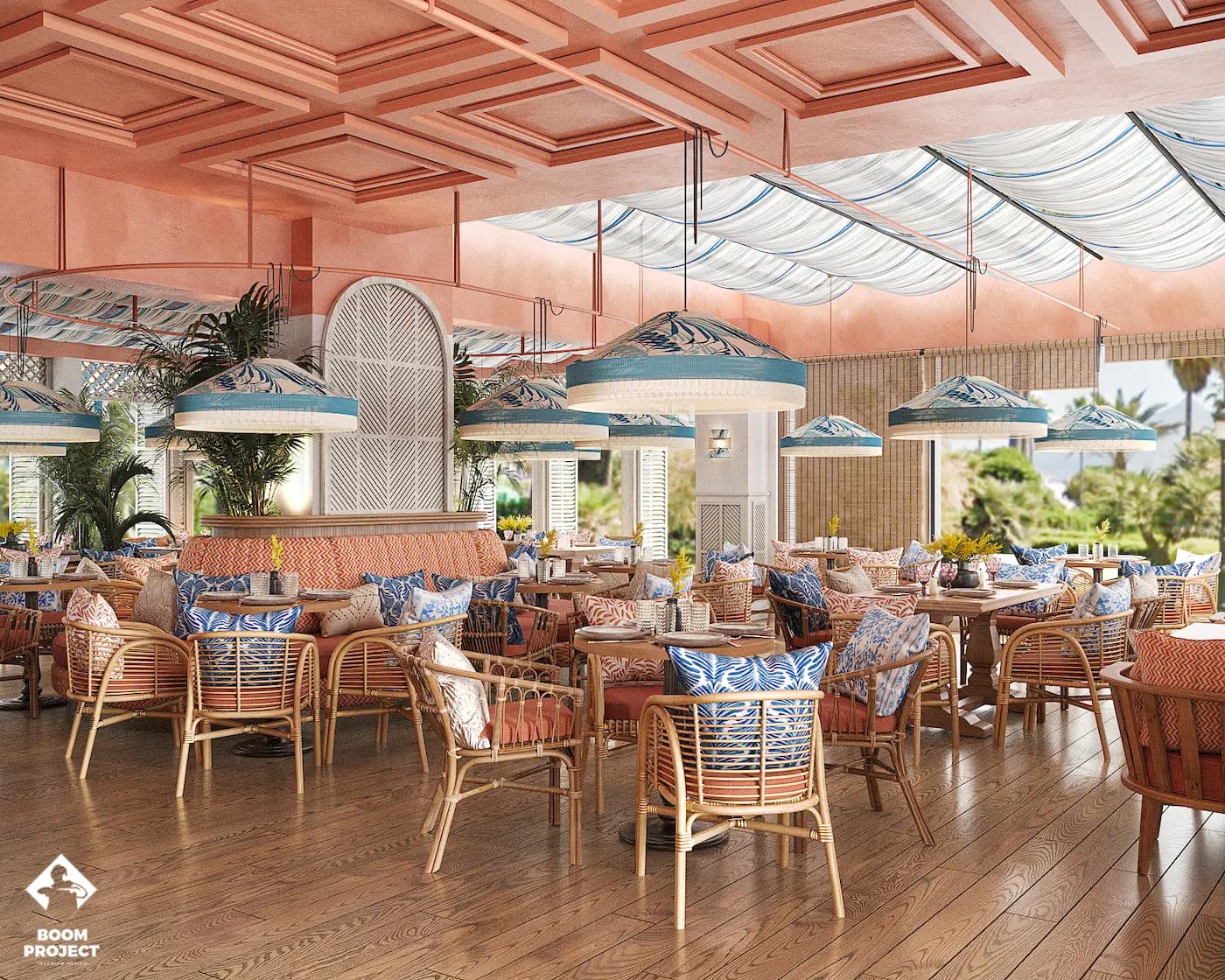 Balagan restaurant terrace with striped seating and handcrafted details
