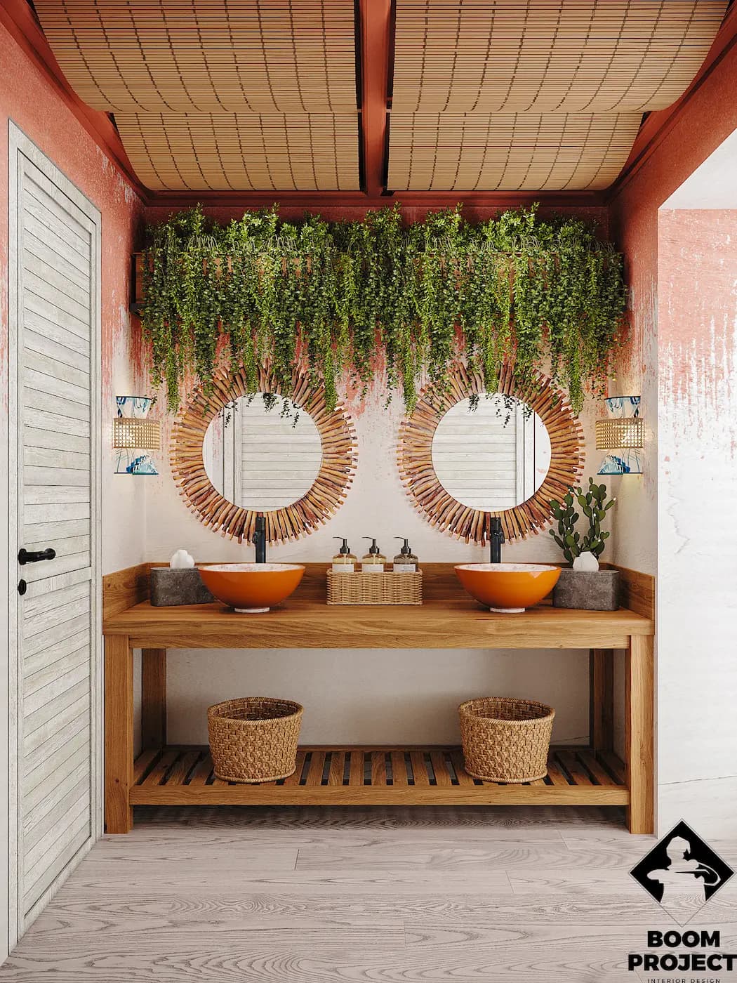 Balagan decorative vanity with timber cabinetry, circular mirrors, greenery and patterned tiles
