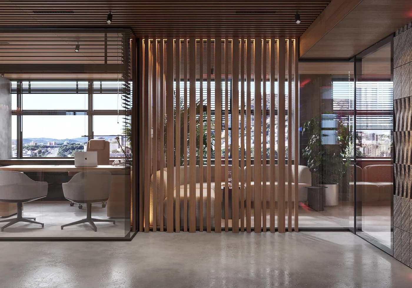 BARÇA Mobile office entrance with custom timber screens and integrated lighting
