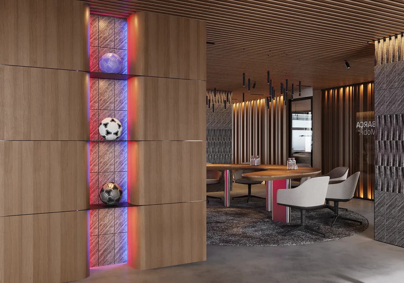 BARÇA Mobile reception area with sculptural ceiling and branded illuminated display