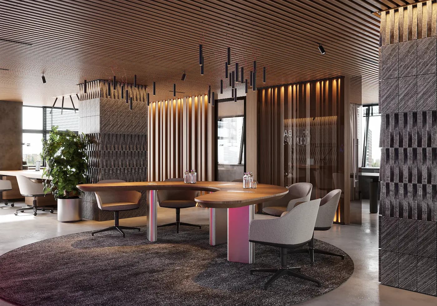 Contemporary office lounge with timber screens and flowing ceiling installation