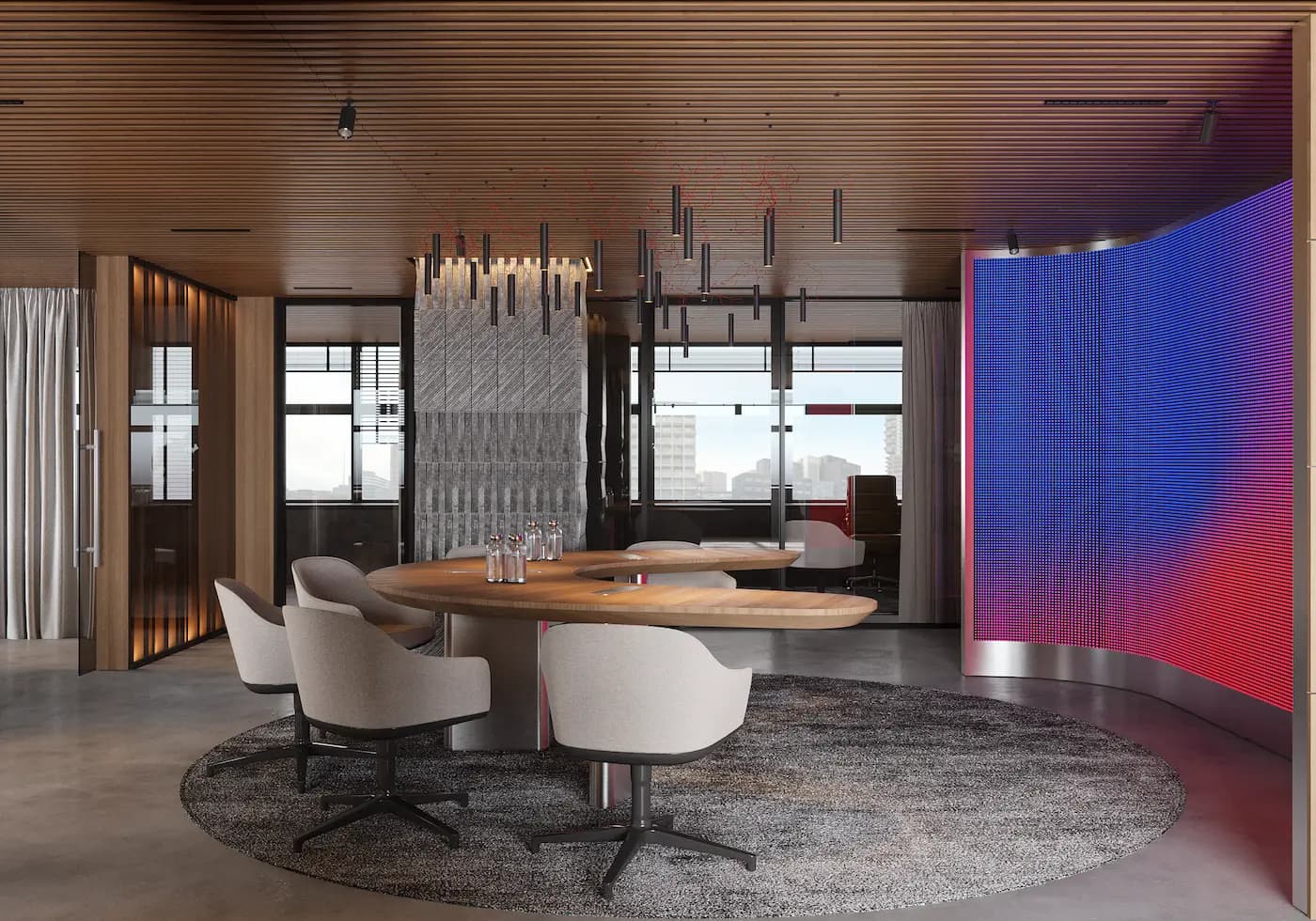 BARÇA Mobile meeting area with custom table and illuminated digital feature