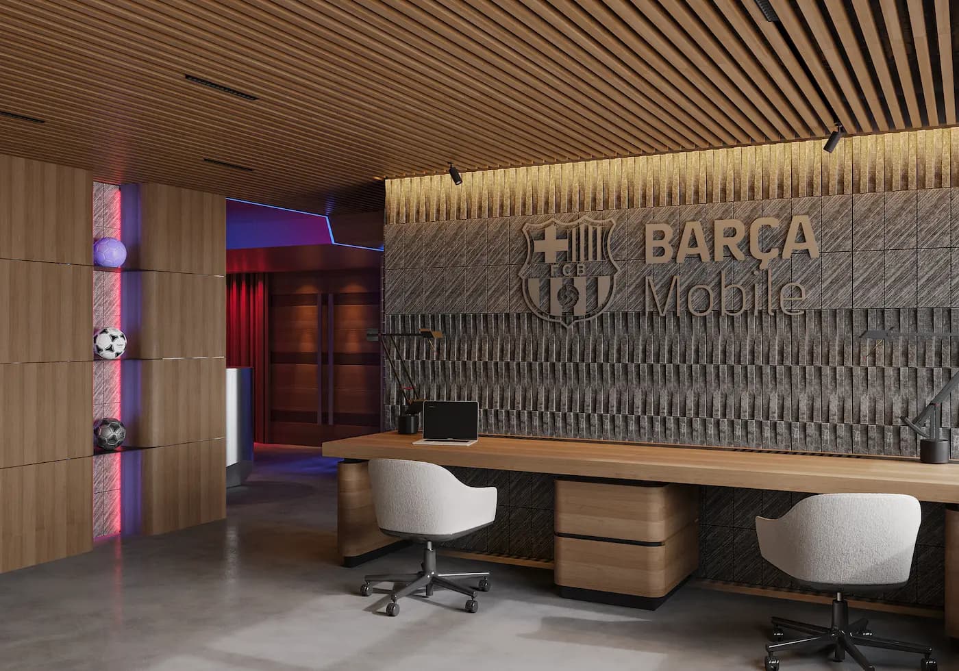 BARÇA Mobile workspace with branded feature wall and bespoke timber desk