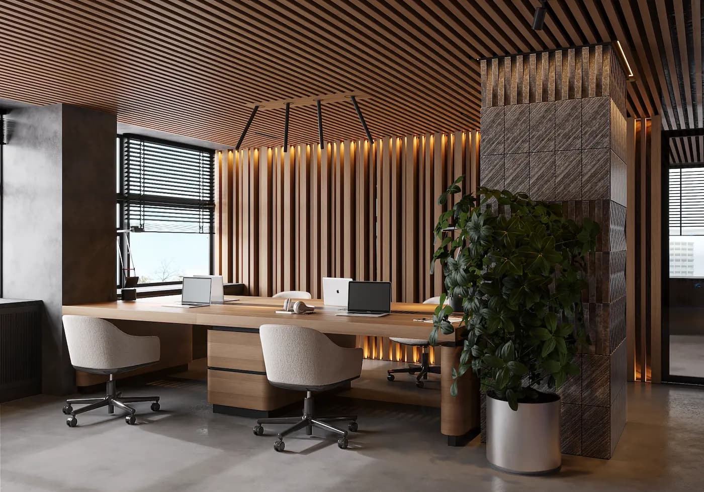 Executive workspace with timber detailing, plants and panoramic city views