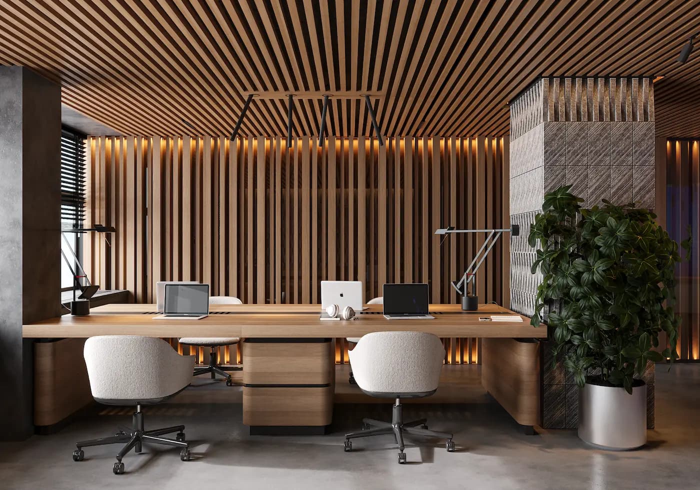 Open office workstation beneath a sculptural timber ceiling