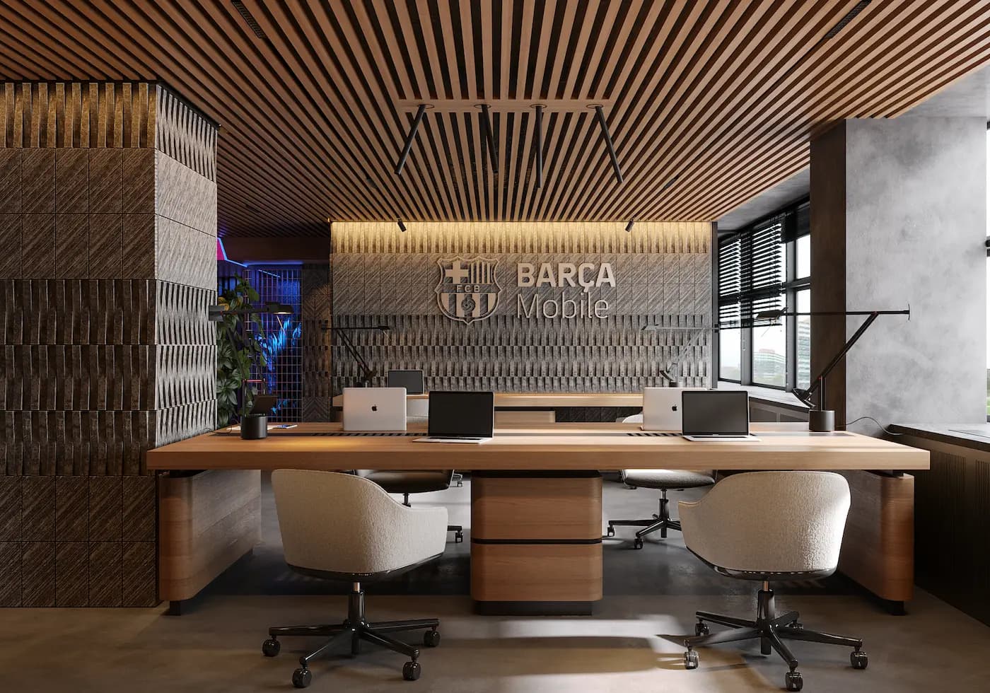 BARÇA Mobile executive office with branded wall and integrated lighting