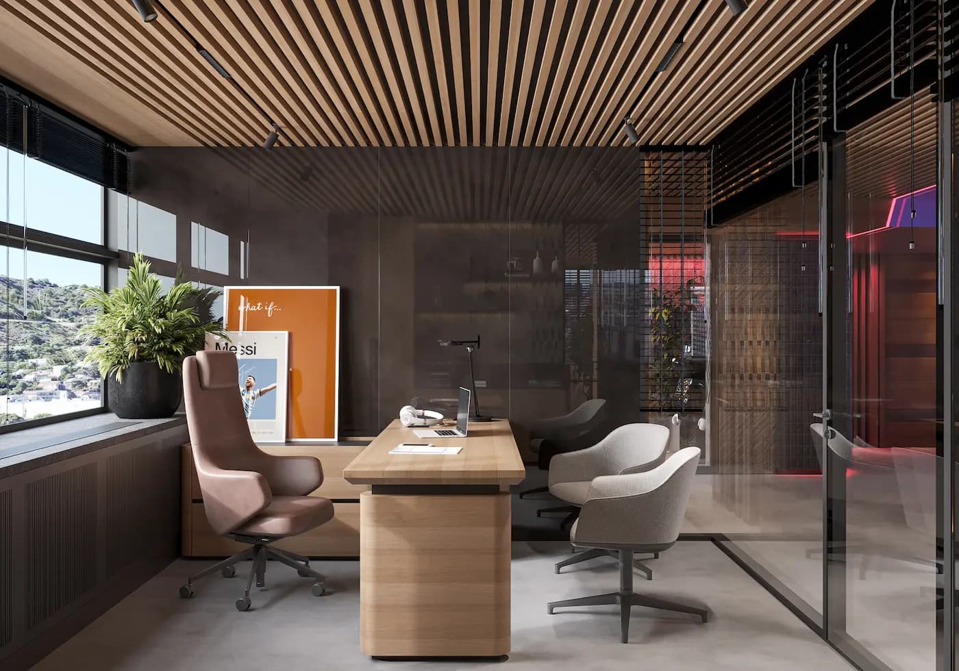 Executive desk with integrated storage and contemporary office lighting