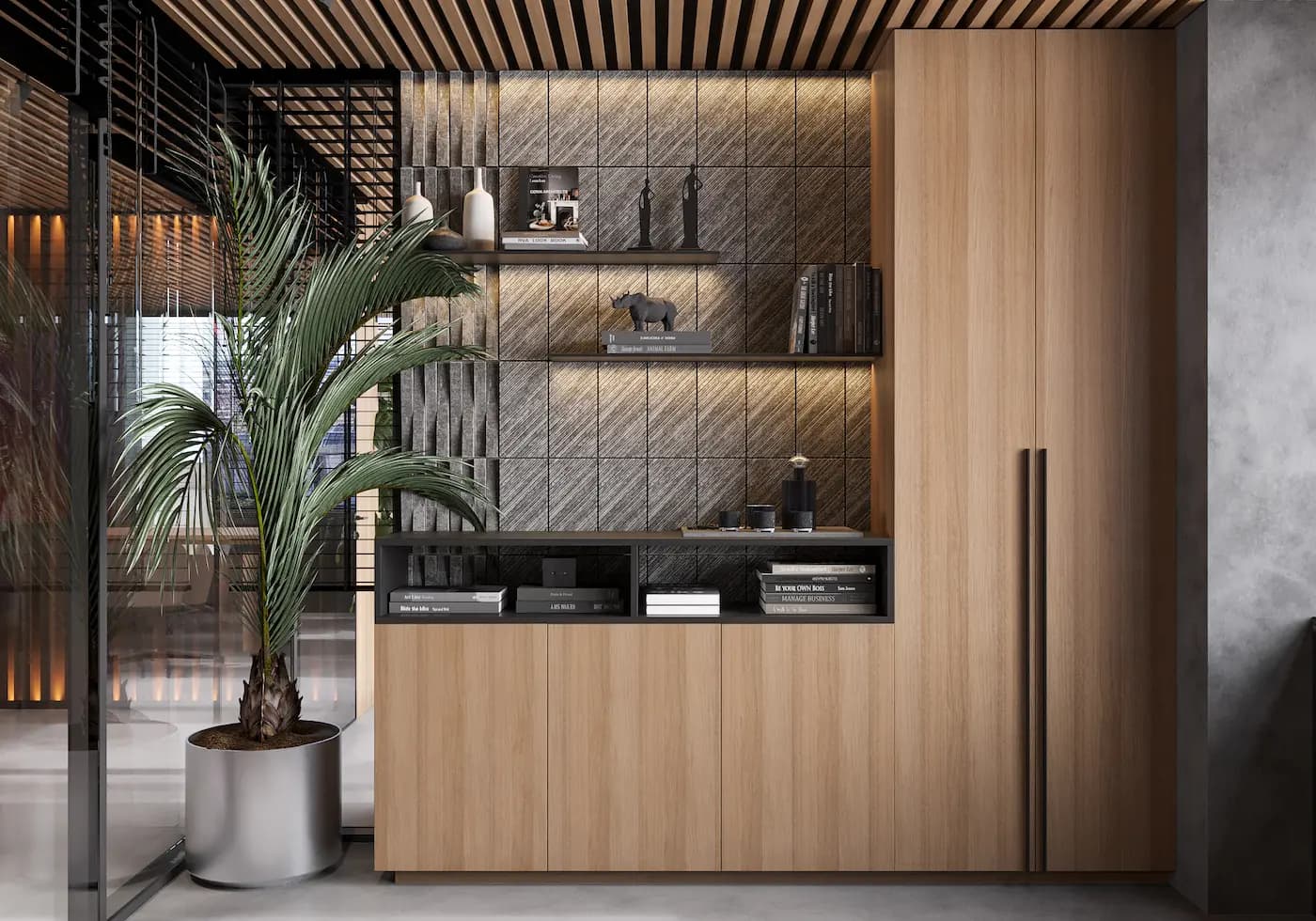 BARÇA Mobile lounge with display shelving, artwork and natural materials