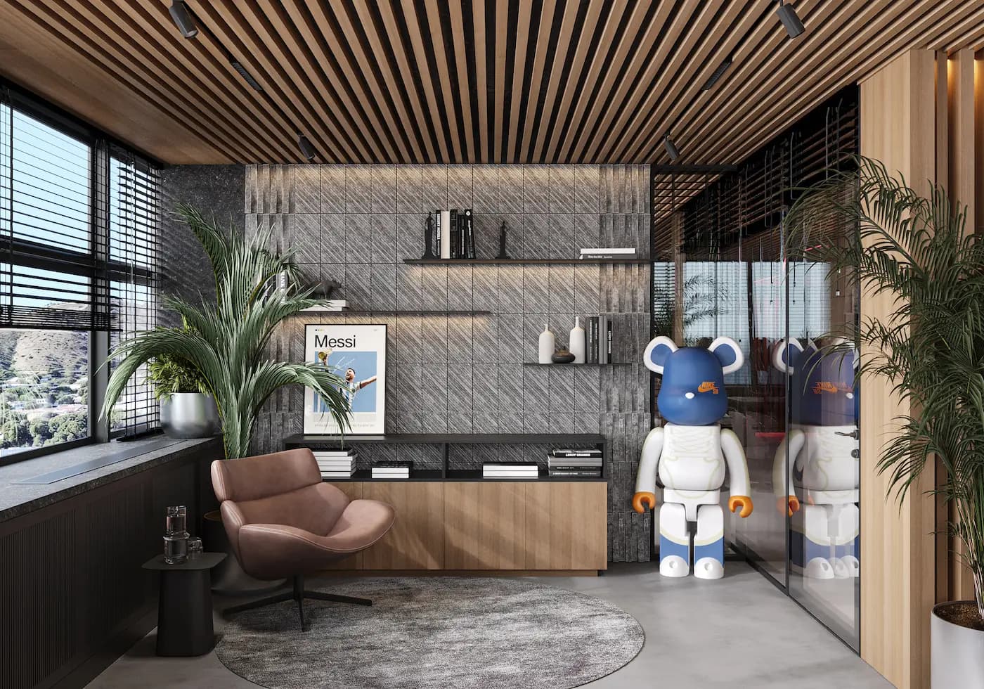 Informal office lounge with custom shelving, plants and designer furniture