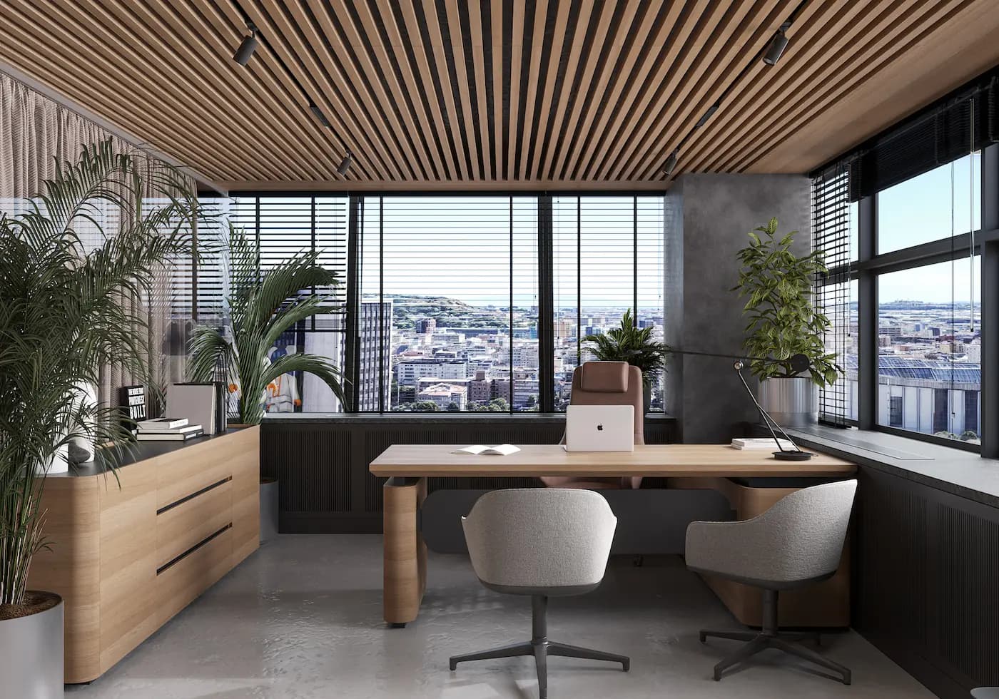 Private office with custom timber desk and views over Barcelona
