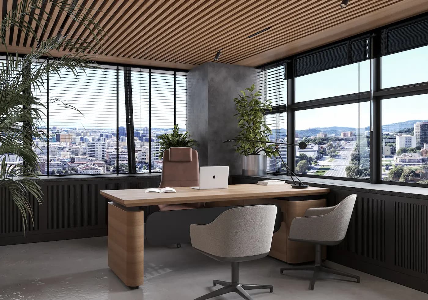 Executive meeting desk surrounded by panoramic windows and indoor planting