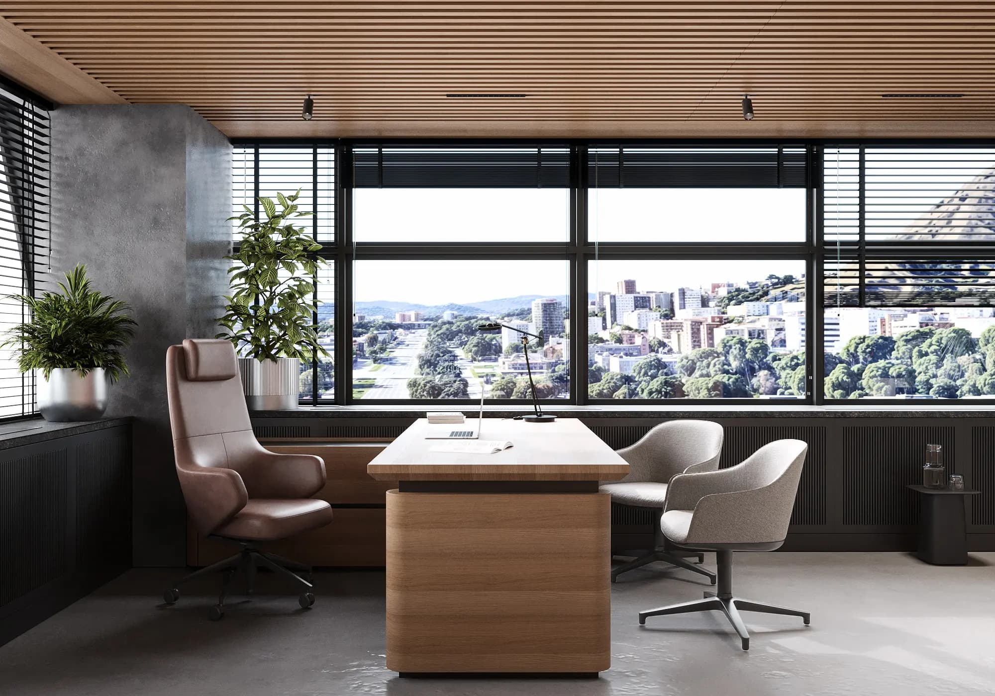 Contemporary office lounge with curved furniture and city views
