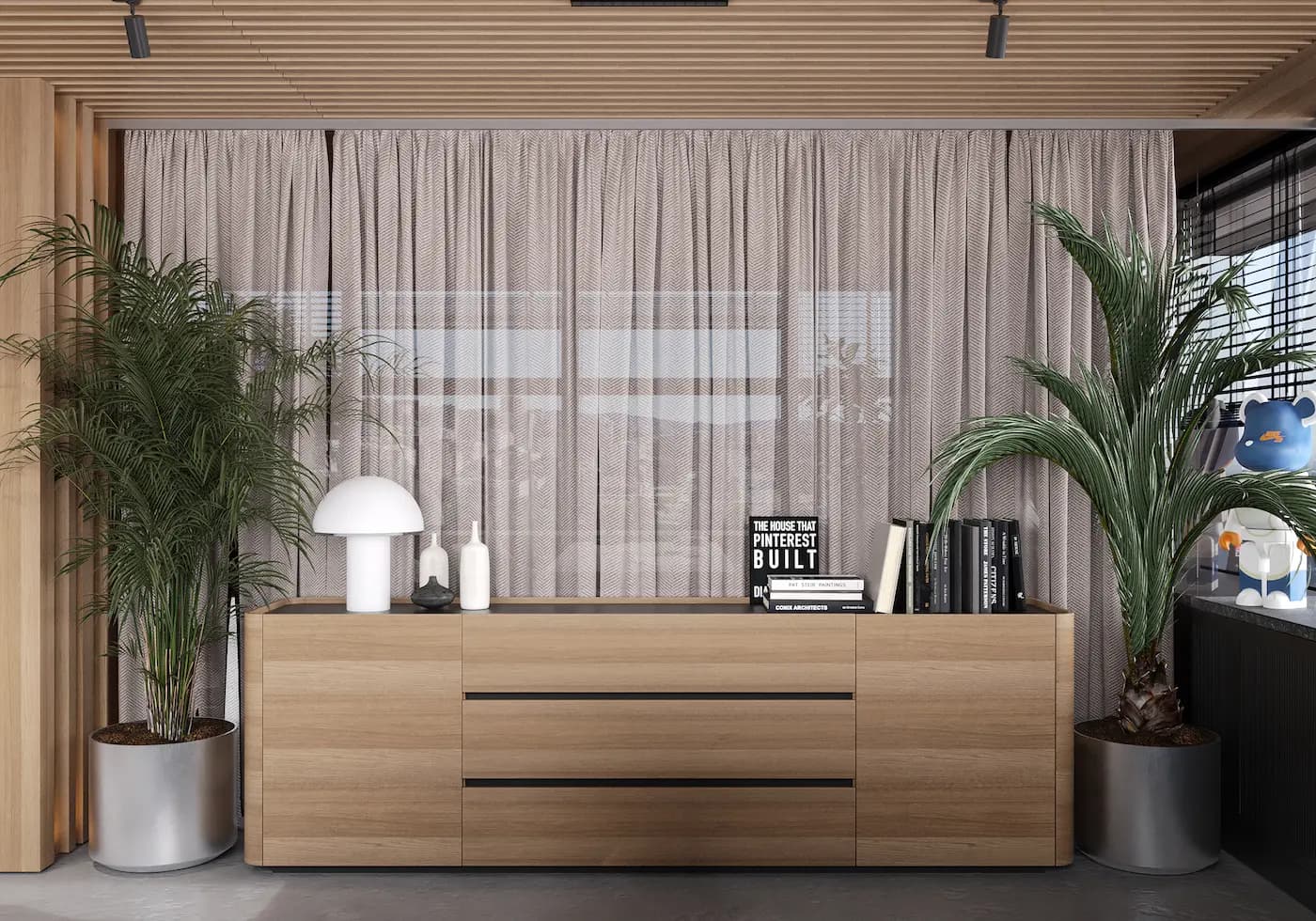 Minimal reception desk with textured glass backdrop and warm timber finishes