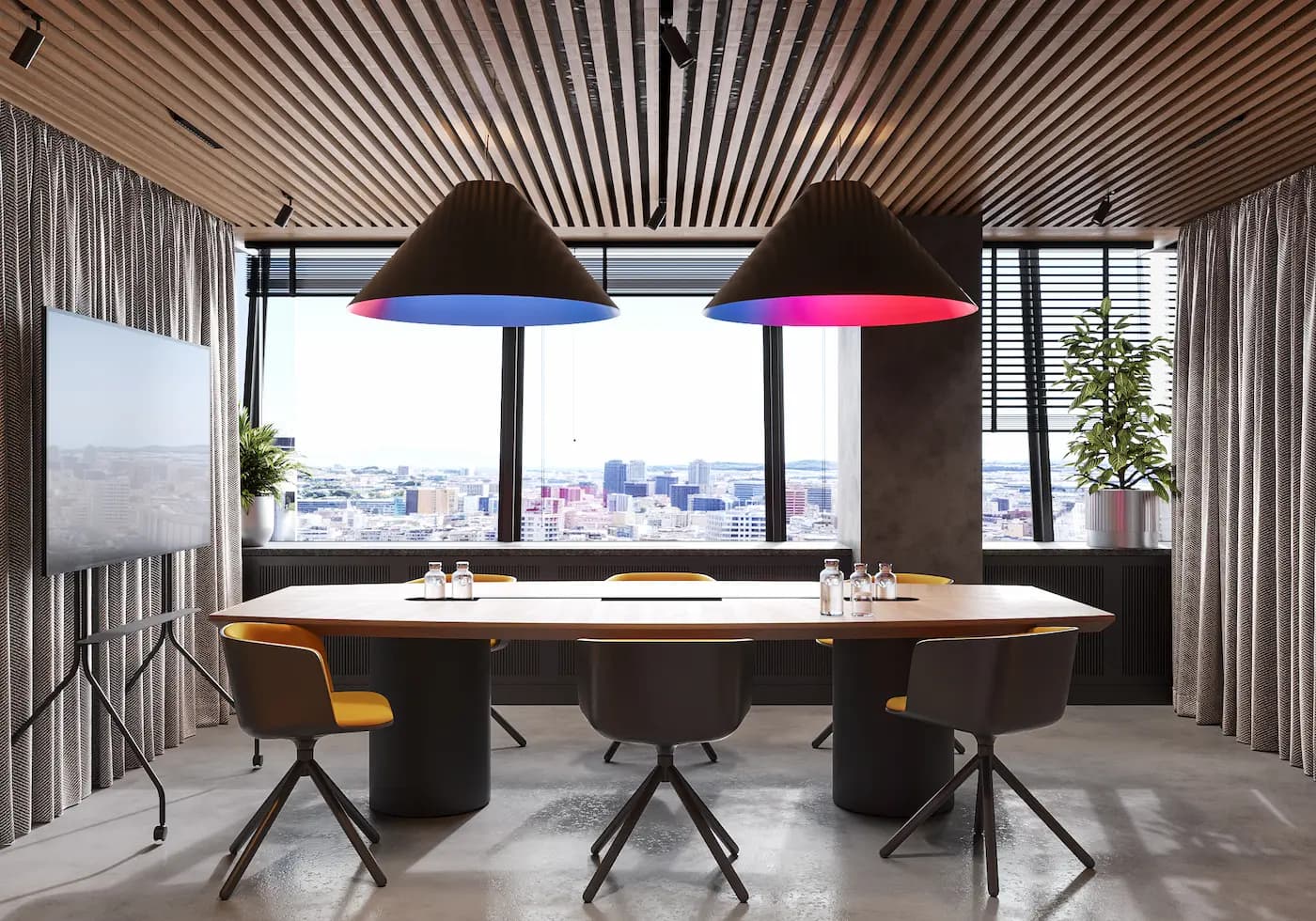 Meeting room with sculptural pendant lights and panoramic Barcelona views