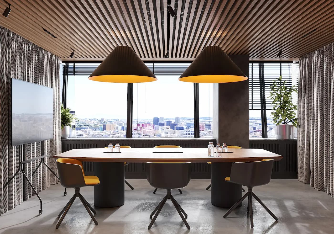 BARÇA Mobile meeting space with yellow pendant lighting and custom table