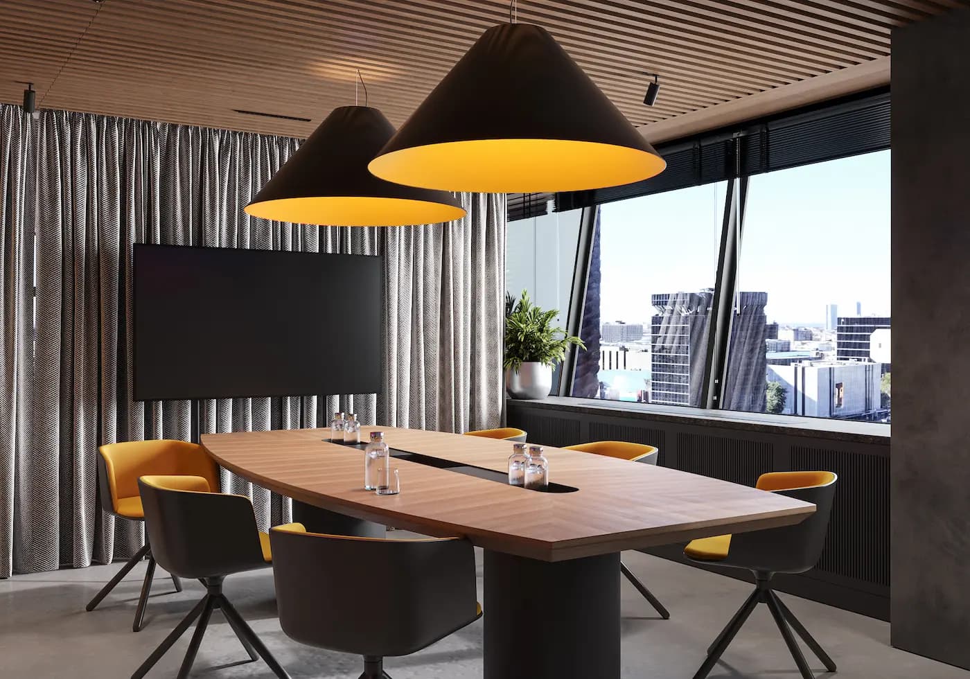 Contemporary conference room with timber table and acoustic pendant lights