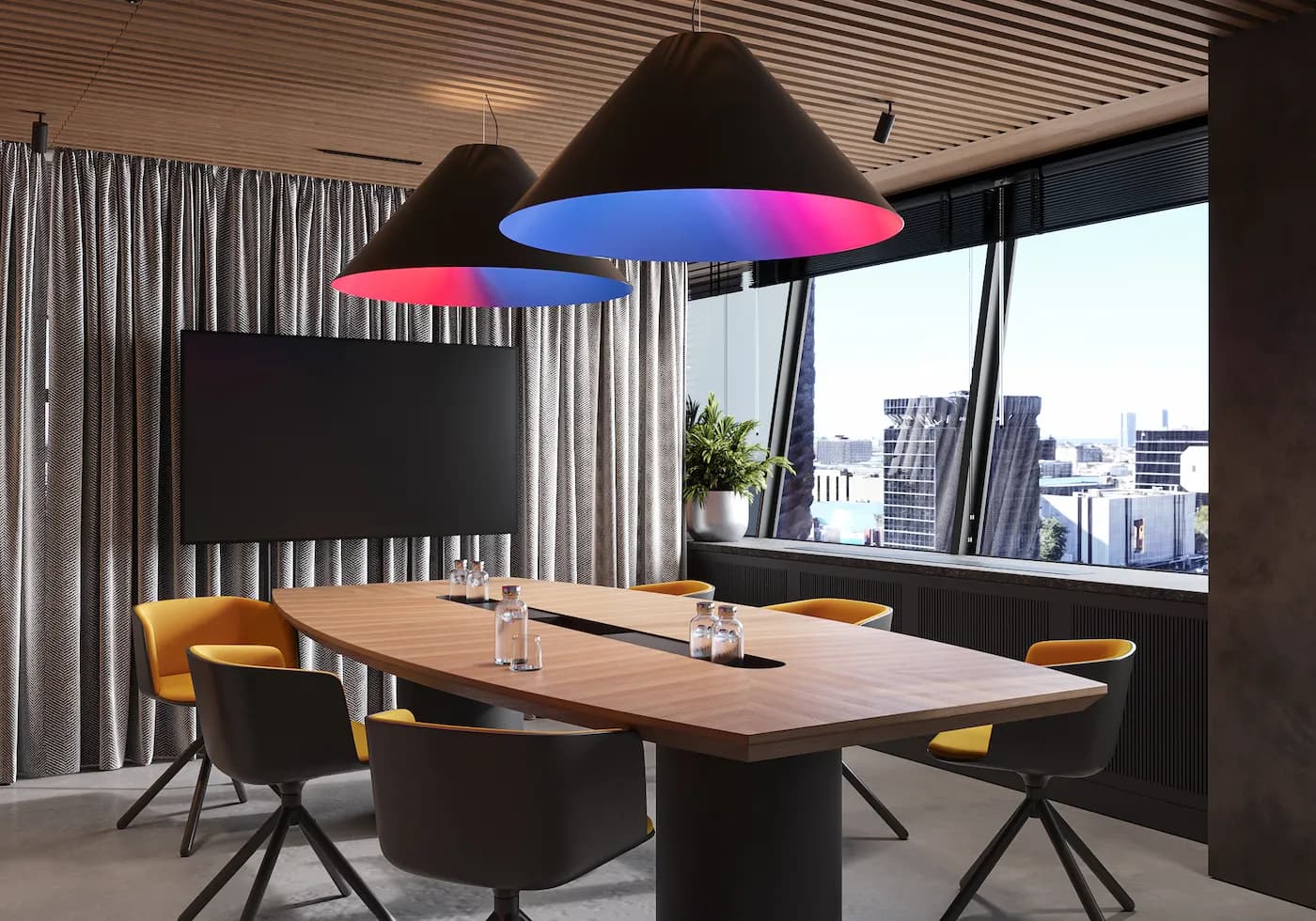Conference room illuminated with BARÇA Mobile red and blue brand colours