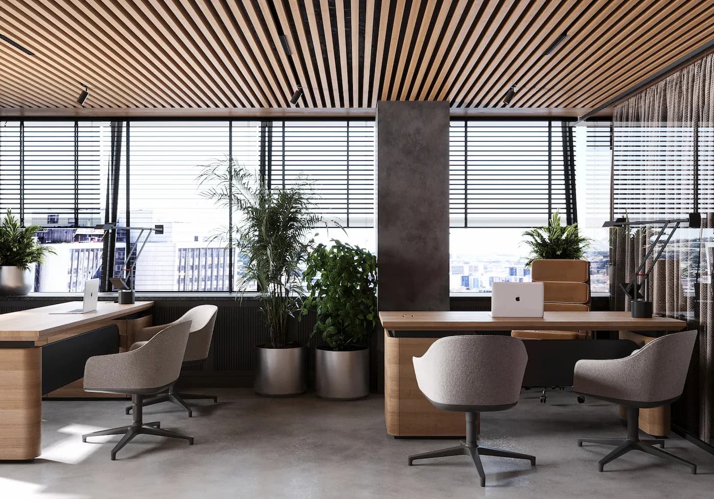 Private workstation with timber desk, plants and panoramic windows