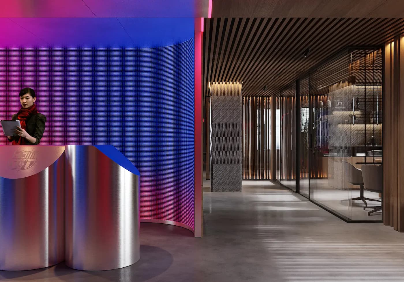 Immersive entrance corridor with digital blue lighting and reflective metal surfaces