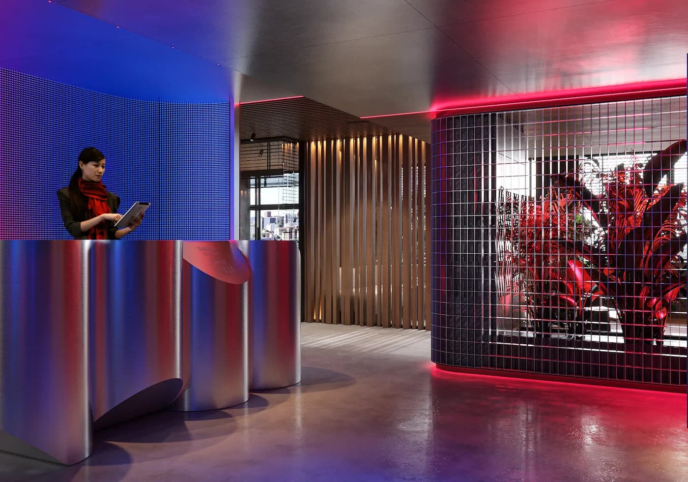 Branded office corridor with illuminated red display and digital blue feature wall