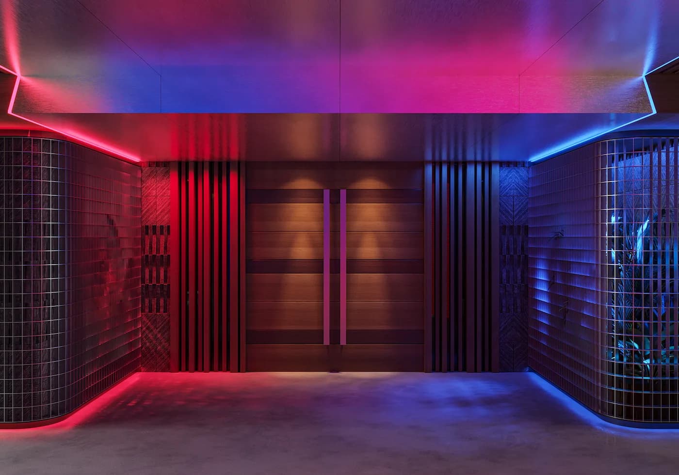 Atmospheric BARÇA Mobile hallway defined by red and blue architectural lighting