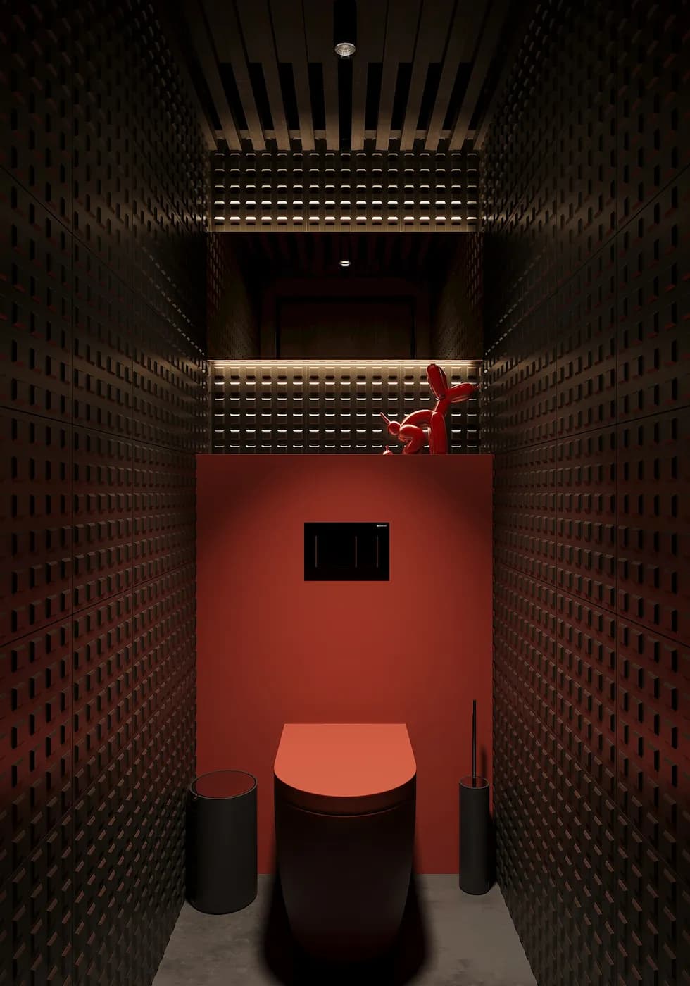 BARÇA Mobile restroom interior with perforated metal walls and illuminated ceiling
