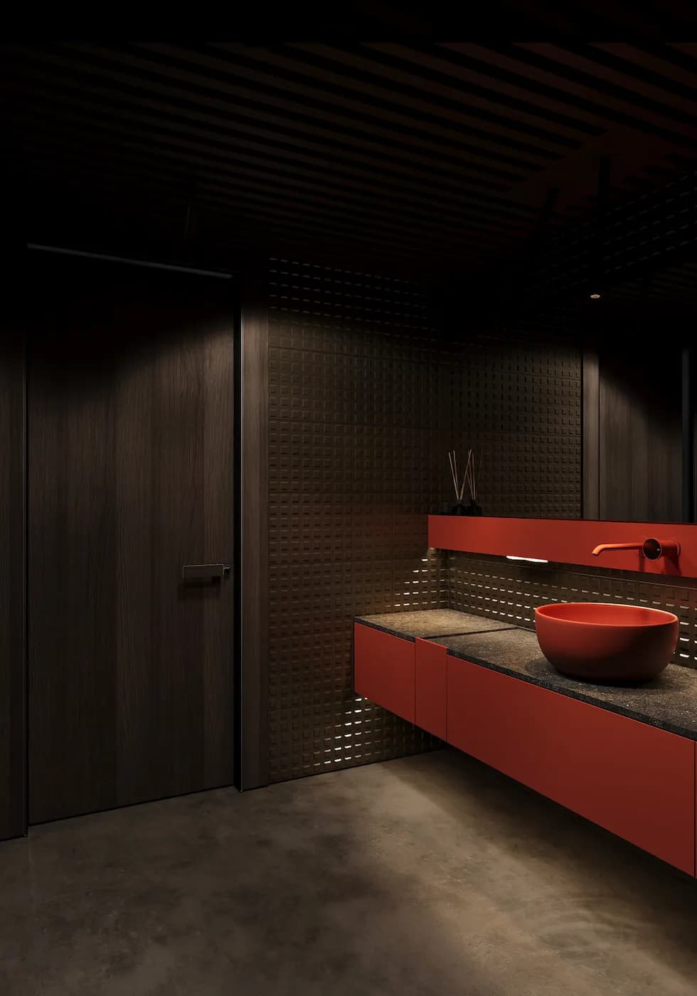 Dark restroom entrance with integrated doors and dramatic architectural lighting