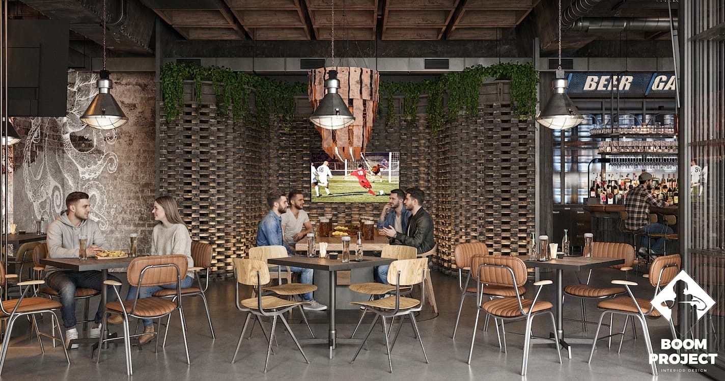 Beer Garden dining hall with brick walls, concrete surfaces and sculptural timber ceiling installation